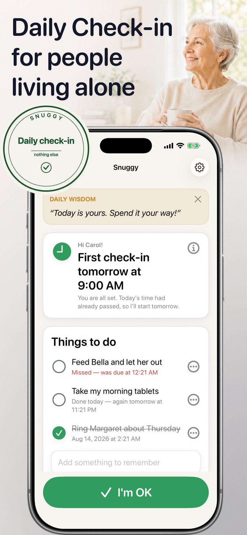 Snuggy home screen showing the daily check-in
